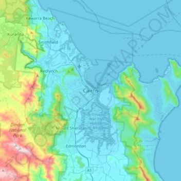 Topografinen kartta Cairns, korkeus, helpotus