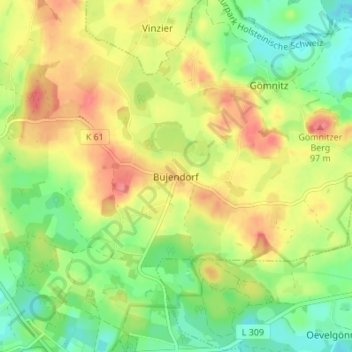 Topografinen kartta Bujendorf, korkeus, helpotus