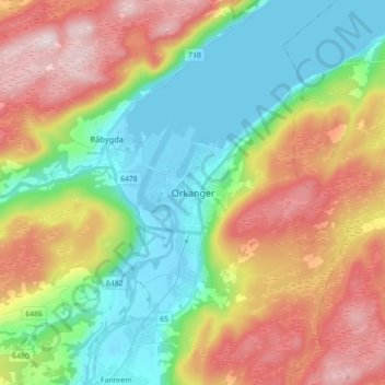 Topografinen kartta Orkanger, korkeus, helpotus