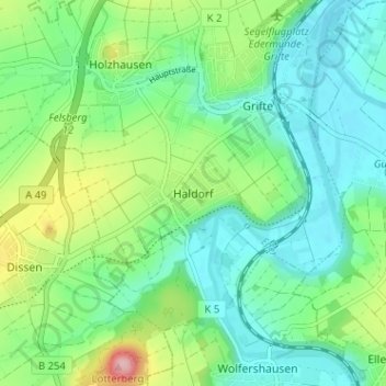 Topografinen kartta Haldorf, korkeus, helpotus