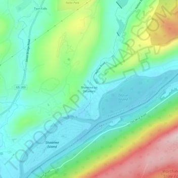 Topografinen kartta Shawnee on Delaware, korkeus, helpotus