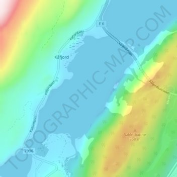 Topografinen kartta Kåfjorden, korkeus, helpotus