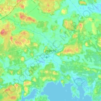 Topografinen kartta Degerby, korkeus, helpotus