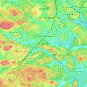 Topografinen kartta Huddinge, korkeus, helpotus