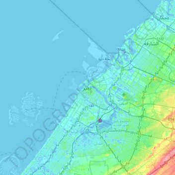 Topografinen kartta Dubai, korkeus, helpotus