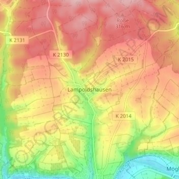 Topografinen kartta Lampoldshausen, korkeus, helpotus