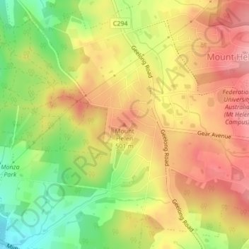 Topografinen kartta Mount Helen, korkeus, helpotus