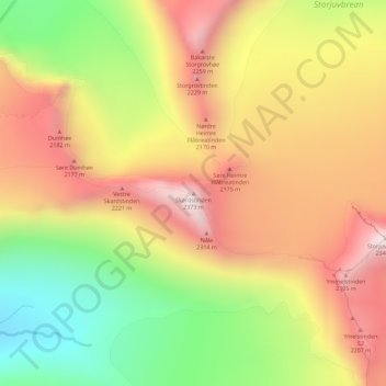 Topografinen kartta Skardstinden, korkeus, helpotus