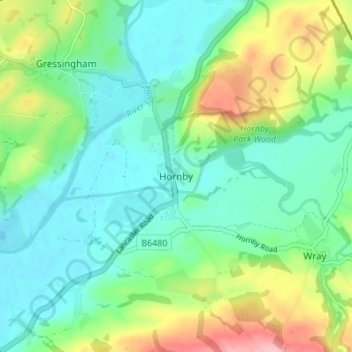 Topografinen kartta Hornby, korkeus, helpotus