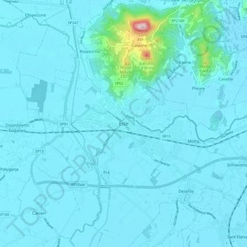 Topografinen kartta Este, korkeus, helpotus