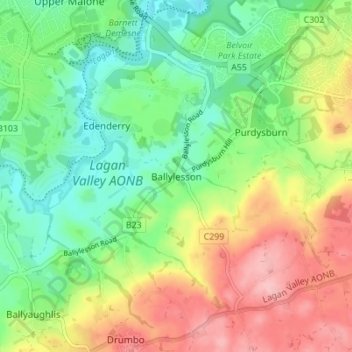Topografinen kartta Ballylesson, korkeus, helpotus