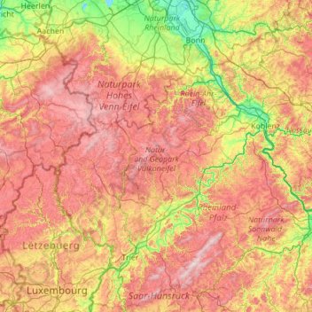 Topografinen kartta Vulkaneifel, korkeus, helpotus