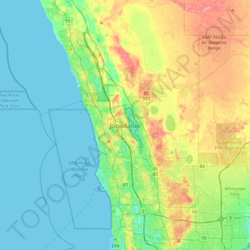 Topografinen kartta Joondalup, korkeus, helpotus