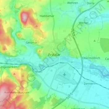 Topografinen kartta Fritzlar, korkeus, helpotus