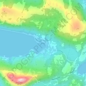 Topografinen kartta Kvina, korkeus, helpotus