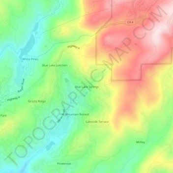 Topografinen kartta Blue Lake Springs, korkeus, helpotus