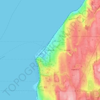 Topografinen kartta Edmonds, korkeus, helpotus