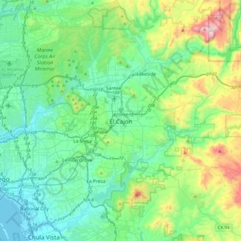 Topografinen kartta El Cajon, korkeus, helpotus