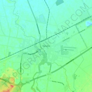 Topografinen kartta Benalla, korkeus, helpotus