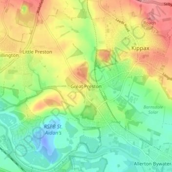 Topografinen kartta Great Preston, korkeus, helpotus