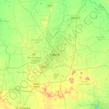 Topografinen kartta Indore, korkeus, helpotus