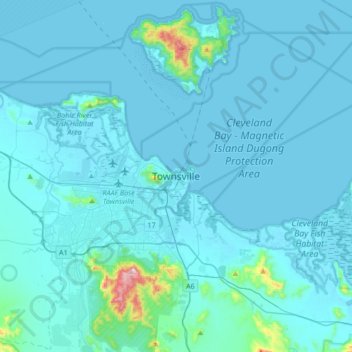 Topografinen kartta Townsville, korkeus, helpotus