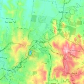 Topografinen kartta Lilydale, korkeus, helpotus