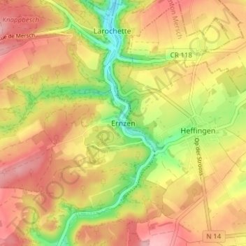 Topografinen kartta Ernzen, korkeus, helpotus