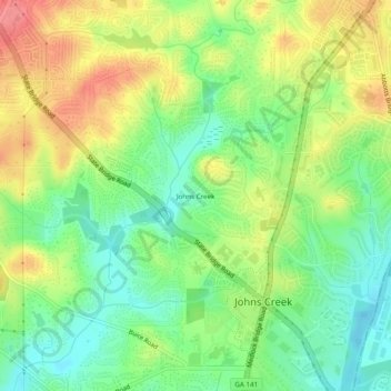 Topografinen kartta Johns Creek, korkeus, helpotus