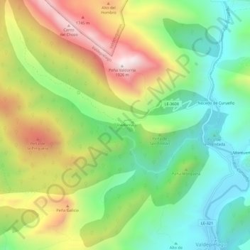 Topografinen kartta Valdorria, korkeus, helpotus