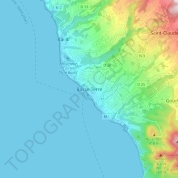 Topografinen kartta Basse-Terre, korkeus, helpotus