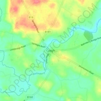 Topografinen kartta Coagh, korkeus, helpotus