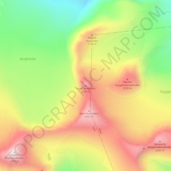 Topografinen kartta Store Veotinden, korkeus, helpotus