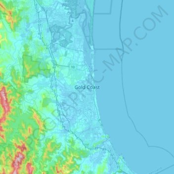 Topografinen kartta Gold Coast, korkeus, helpotus