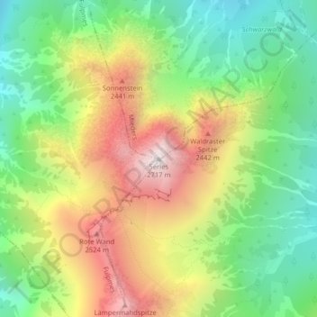 Topografinen kartta Serles, korkeus, helpotus
