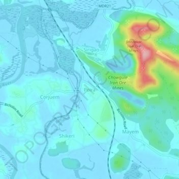 Topografinen kartta Poira, korkeus, helpotus