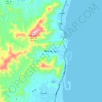Topografinen kartta Sharm, korkeus, helpotus