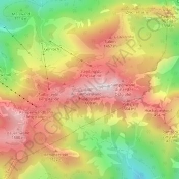 Topografinen kartta Kampenwand-Hauptgipfel, korkeus, helpotus