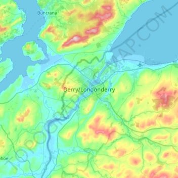 Topografinen kartta Derry/Londonderry, korkeus, helpotus