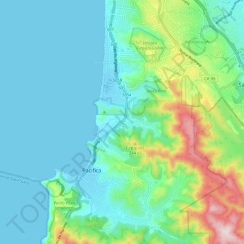 Topografinen kartta Pacifica, korkeus, helpotus