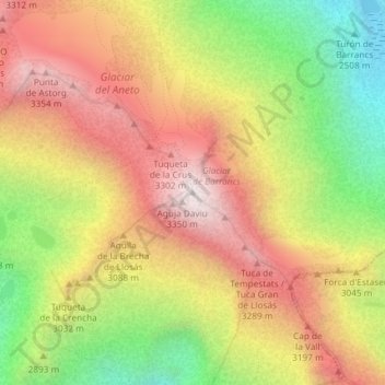 Topografinen kartta Tuca d'Aneto / Maladeta de Corones, korkeus, helpotus