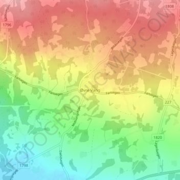 Topografinen kartta Øvre Vang, korkeus, helpotus