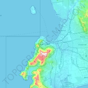 Topografinen kartta Kapkaupunki, korkeus, helpotus