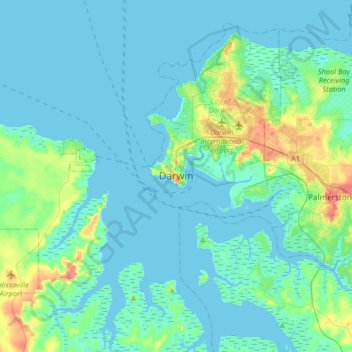 Topografinen kartta Darwin, korkeus, helpotus