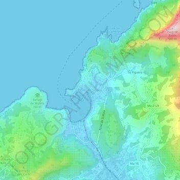 Topografinen kartta Port de Sóller, korkeus, helpotus