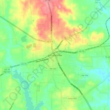 Topografinen kartta Jacksonville, korkeus, helpotus