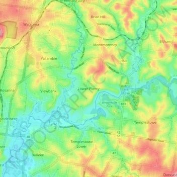 Topografinen kartta Lower Plenty, korkeus, helpotus