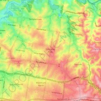Topografinen kartta Doncaster East, korkeus, helpotus