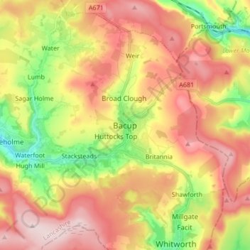 Topografinen kartta Bacup, korkeus, helpotus