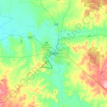 Topografinen kartta Dubbo, korkeus, helpotus